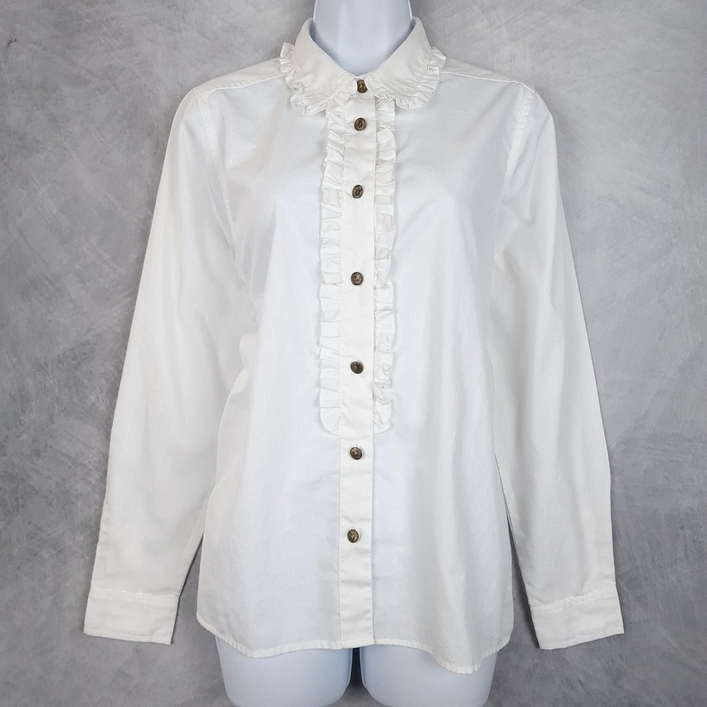Vintage Collared Blouse Womens 8 White Ruffle Button Front Long Sleeve Romantic